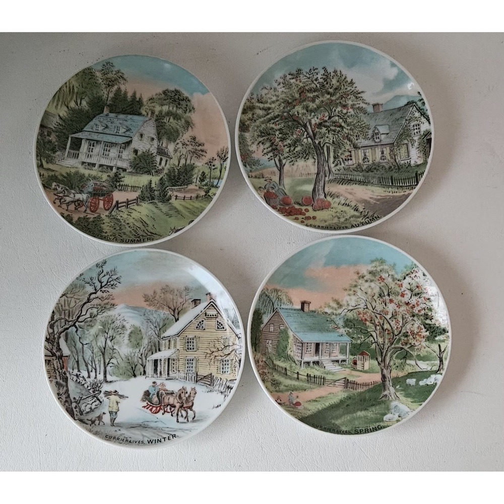 Currier & Ives 4 Seasons Themed Plates Wall Hangings MCM Vtg Japan Vintage 6 ½"
